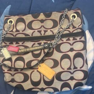 Coach Signature Chain Shoulder Bag - Black and Gray with Pink Accents